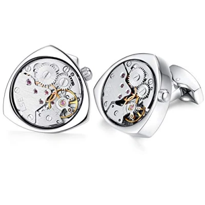 Abbildung von HONEY BEAR 1 Paar Herren Manschettenknöpfe Cufflinks Steampunk Uhrwerk Bewegung beweglich Edelstahl für Geschäftshochzeitsgeschenk mit Kasten,Dreieck (Silber)