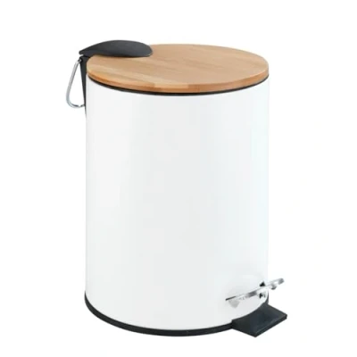 Abbildung von WENKO Kosmetik Treteimer Mod. Tortona 3 Liter, mit Deckel aus echtem Bambus, Badezimmer Mülleimer Absenkautomatik, Kleiner Abfalleimer, lackierter Stahl, 17 x 23,5 21 cm, Weiß matt