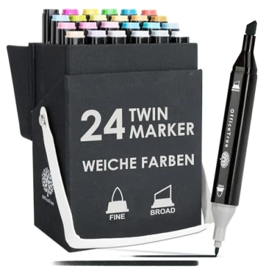 Abbildung von OfficeTree 24 Alkohol Marker Weiche Farben Twin Set zum Zeichnen und Malen Touch Stifte auch als Manga