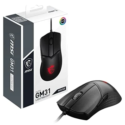 Abbildung von MSI Clutch GM31 Lightweight Gaming Maus 12.000 DPI Optischer Sensor, Rechtshänder, 60M+ Click OMRON Schalter, 6 Tasten, FriXionFree Kabel, 1ms Latenz, RGB Mystic Light, 58g Kabelgebunden, schwarz