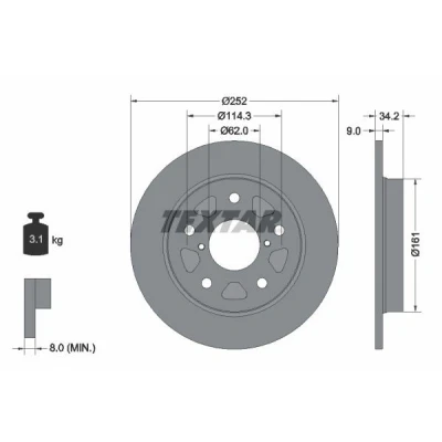 Abbildung von TEXTAR 92305703 Bremsscheibe 252 9 05/07 114,3 voll beschichtet ohne Radbefestigungsbolzen, Radnabe SUZUKI: SWIFT 5