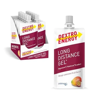 Abbildung von DEXTRO Energy LONG DISTANCE Gel MANGO PASSION FRUIT + MAGNESIUM NATRIUM 12x50ml (12er Pack) für lange Workouts, Kohlenhydrat Konzentrat mit Elektrolyt Zusatz und Palatinose