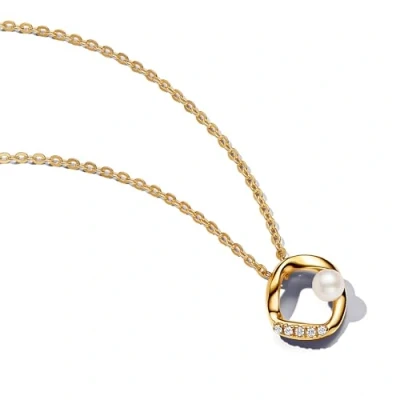 Abbildung von PANDORA Essence Organisch Geformter Pavé Kreis &amp; Behandelte Süßwasserzuchtperlen Collier Halskette aus Sterling Silber mit vergoldeter Metalllegierung und Zirkonia, Größe 45cm, 363303C01 45