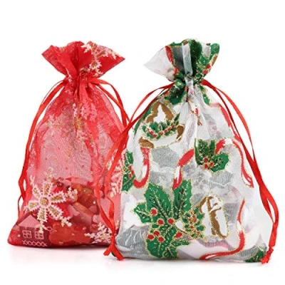 Abbildung von Naler 20 x Organzasäckchen mit Aufdruck Weihnachtliche Organza Beutel Geschenkbeutel 10 15 cm