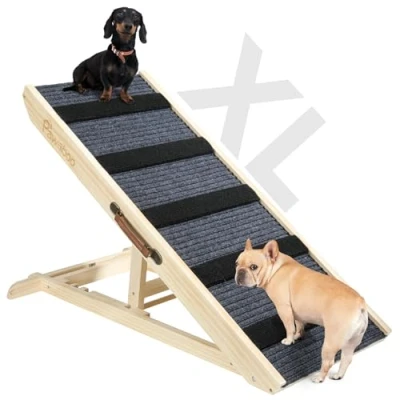 Abbildung von Pawaboo Hunderampe, Tragbare Haustiertreppe aus Holz, 4 Verstellbare Höhen 11.6&quot; 22.4&quot;, Haustierrampe für Kleine Mittelgroße Hunde mit Anti rutsch bis 143lbs, Hundeeinstiegshilfe Auto Bett Sofa