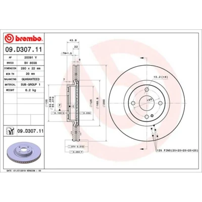 Abbildung von BREMBO 09.D307.11 Bremsscheibe 280 22 4 innenbelüftet beschichtet MAZDA: MX 5 IV