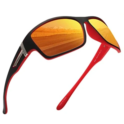 Abbildung von JIM HALO Polarisierte Sonnenbrille für Männer und Frauen, Wrap Around Sprot zum Radfahren Angeln Fahren Schwarz Rot/Spiegelrot