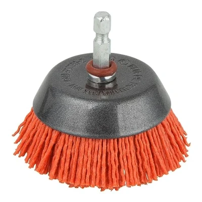 Abbildung von wolfcraft Nylondraht Topfbürste, aggressiv I 1506000 Ø 65 mm zum Entrosten, Reinigen &amp; Polieren, Holz und Metallpflege Sechskant Schaft