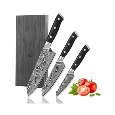 Abbildung von Wakoli Nitoko 3er Kiritsuke Damastmesser Set Profi Damast Küchenmesser aus echtem 67 Lagen Damaststahl mit G10 Griff, durchgehender Erl Inklusive Holzbox