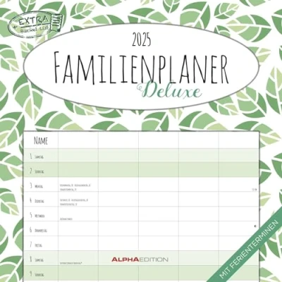 Abbildung von Alpha Edition Familienplaner Deluxe 2025 Broschürenkalender, 30x30cm, Kalender mit 5 Spalten für Termine, Jahresübersicht, Ferientermine DE/AT/CH, internationales Kalendarium