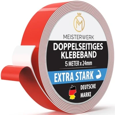 Abbildung von MEISTERWERK Doppelseitiges klebeband ohne Bohren [EXTRA STARK] Universelles Montageband I stark Doppelklebeband (5m x 24mm)
