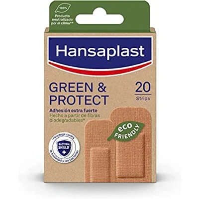 Abbildung von Hansaplast Green &amp; Protect (20 Streifen), biologisch abbaubare Klebeverbände, Wundpflaster aus natürlichen Fasern, extra starke Wundkompressen