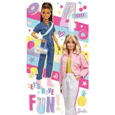 Abbildung von Danilo Promotions Limited Barbie Geburtstagskarte zum 4. Geburtstag, offizielle Karte Happy Birthday Alter 4, mehrfarbig, 17,8 x 15,2 cm