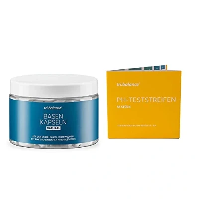 Abbildung von tri.balance Basenkapseln Natural 160 Kapseln 1er Pack inkl. 55 pH Teststreifen E Book Entsäuerungskur I Mit Zink zur Entsäuerung Für den Säure Basen Stoffwechsel vegan