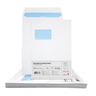 Abbildung von Netuno 50 Versandtaschen DIN C4 weiß 229 x 324 mm 90g große Briefumschläge mit Fenster links haftklebend a4 Sichtfenster Großbrief Briefkuverts envelope big