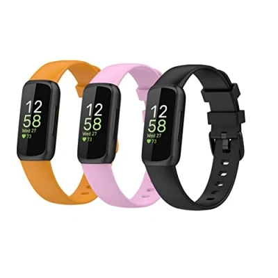 Abbildung von Waekethy Armband für Fitbit Inspire 3, Silikon Armbänder Sport Uhrenarmbänder Ersatzarmband Kompatibel mit 3 (S, Gelb+Lila+Schwarz)