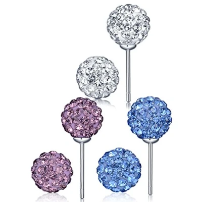 Abbildung von Unendlich U 925 Sterling Silber 6PCS Weiß/Lila/Blau Shamballa Kristallkugeln Ohrstecker Gestüt Stecker Ohrringe Set Ohrschmuck für Damen Mädchen, 3 Paare