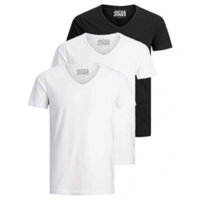 Abbildung von Jack and Jones Herren T Shirt Basic V Ausschnitt 3er Pack Einfarbig Slim Fit in Weiß Schwarz Blau Grau XXL