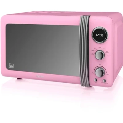 Abbildung von Swan Retro SM22030LPNEU Digital Mikrowelle 20L, 5 Leistungsstufen, Auftaufunktion, 60 Minuten Timer, 27cm Drehteller, Vintage Design, Rosa, 800W