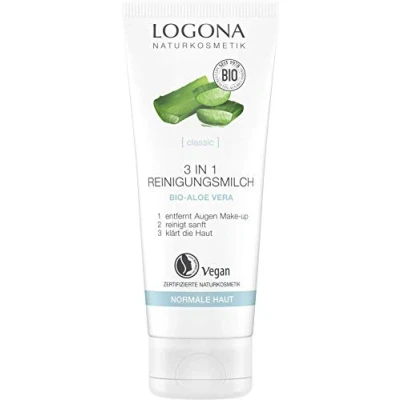 Abbildung von Bio 3in1 Reinigungsmilch von LOGONA Naturkosmetik mit Aloe Vera für normale bis trockene Haut, Reinigt gründlich und porentief versorgt die Haut Feuchtigkeit, Natürlich &amp; Vegan, 100 ml