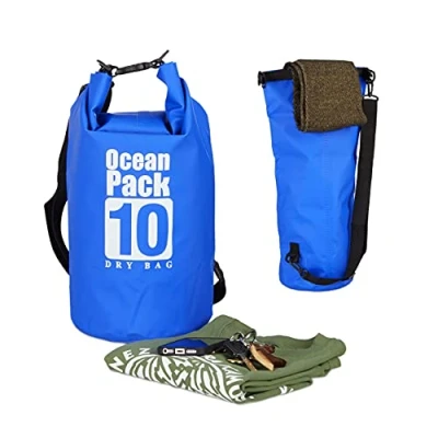 Abbildung von Relaxdays Ocean Pack 10 L, wasserdichter Dry Bag, ultraleichter Trockensack für Kajak, Segeln, Rafting, Skifahren, blau