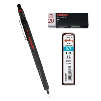 Abbildung von rOtring 600 Druckbleistift Set 0,7 mm Schwarzer Ganzmetallkörper Drehbleistift Sechskantschaft HB 0,70 (12 Minen) Radierer B20