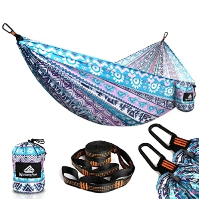 Abbildung von NATUREFUN Ultraleichte Reise Camping Hängematte 300 kg Tragkraft (275 x140 cm),Atmungsaktiv,Schnelltrocknendes Hängematten 2 x Premium Karabiner,2 Schlingen Inbegriffen Draußen Drinnen Garten