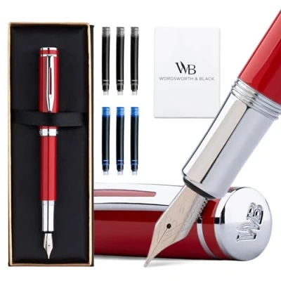 Abbildung von Wordsworth and Black Fountain Pen Mini EDC Roter Taschenstift, Chrom, Mittlere Feder, 6 Tintenpatronen, Tinten Konverter, Nachfüllbares Stift Geschenkset, Männer &amp; Frauen