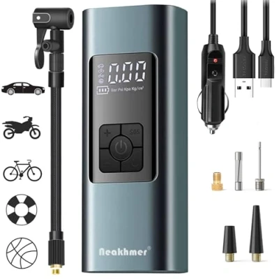 Abbildung von Tragbarer Luftkompressor Mini Reifenpumpe 12V 6000mAh Wiederaufladbarer Elektrischer Kompressor Fahrradpumpe 140PSI Luftpumpe mit Manometer für Auto Fahrrad Motorrad Bälle, AutoOff, USB Powerbank