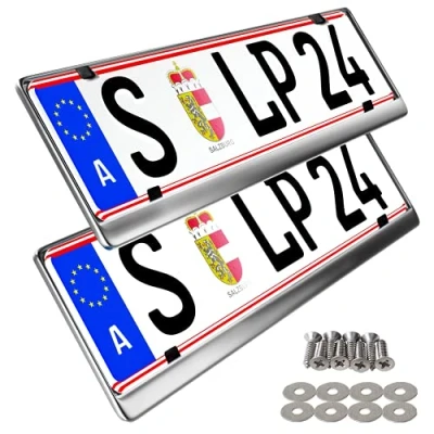 Abbildung von 2 x Kennzeichenhalter in Edelstahl poliert 100% auch passend für Gebogene Stoßstangen Maße 520 120mm ÖSTERREICH,DÄNEMARK,SLOWENIEN,UNGARN (Chrom)
