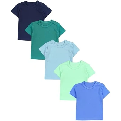 Abbildung von TupTam Baby Jungen Kurzarm T Shirt mit Aufdruck Unifarben Sterne Streifen 5er Set, Farbe: Dunkelblau Blau Mineralgrün Dunkelgrün Hellgrün, Größe: 104