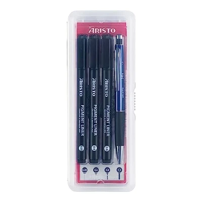 Abbildung von Aristo AR23539 Pigment Liner Kreativ Set 4 teilig (3 Fineliner in den Strichstärken 0,05 mm / 0,40 0,80 mit hochpigmentierter schwarzer Tinte &amp; 1 Feinminenstift 3Fit 1,3 mm) schwarz