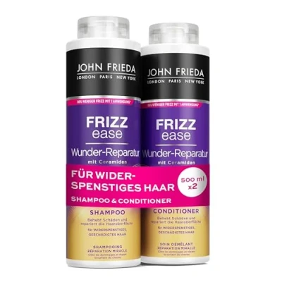 Abbildung von John Frieda Wunder Reparatur Shampoo/Conditioner Vorteils Set Inhalt: 1x Shampoo 500ml &amp; Conditioner 500 ml Nachfüllbar Frizz Ease Serie Für widerspenstiges, strapaziertes Haar