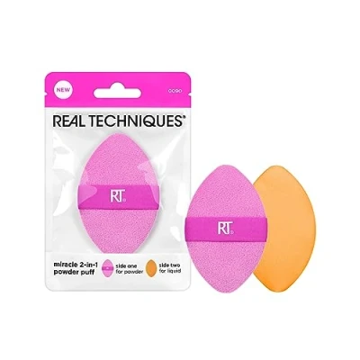 Abbildung von Real Techniques Miracle 2 in 1 Puderquaste, doppelseitiger Puderquast voller Größe, wendbares Gummiband, Make up Schwamm und Puderquaste mit präziser Spitze,1 Stück