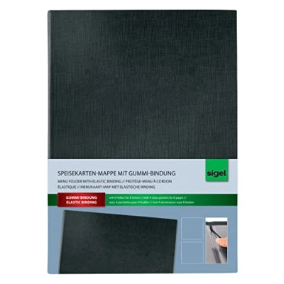 Abbildung von SIGEL SM110 Speisekarten Mappe / Präsentations Menükarte mit Gummi Bindung für A4, schwarz edler Leinenstruktur, strapazierfähig und leicht abwischbar