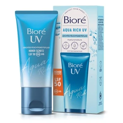 Abbildung von Biore Aqua Rich UV Leichtes Feuchtigkeitsfluid für das Gesicht Sonnenschutz Lichtschutzfaktor LSF 50 UVA/UVB Funktioniert unter Make Up Nicht fettend