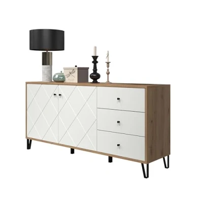 Abbildung von trendteam smart living Touch Sideboard Weiß/Eiche Highboard mit 2 Türen und 3 Schubladen Fronten dekorativer Fräsung (BxHxT) 183 x 76 40 cm extravagante schwarze Metallfüße