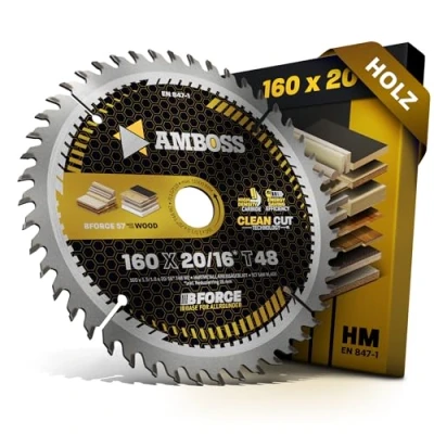 Abbildung von HM Kreissägeblatt 160x20 16 Z48 Wechselzahn für Akku Holz Super Feinschnitt. AMBOSS WERKZEUGE® Sägeblatt 160mm +Reduzierring 20mm. 160x16 komp. zu Mafell Flexistem. KSS 300. MS 55. MT 55 c