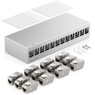 Abbildung von deleyCON 12 Port Patchpanel Set Patchfeld Verteilerfeld 1 HE + 12x RJ45 Keystone Jack Modul STP CAT6a Kompatibel mit Verlegekabel CAT6 CAT7 Netzwerkkabel Ethernet LAN DSL Grau