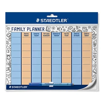 Abbildung von STAEDTLER wiederverwendbarer Familienplaner Lumocolor, DIN A4, selbsthaftend, ablösbar, trocken abwischbar, inclusive abwischbarem Universalstift und Stiftklemme, 641 FP