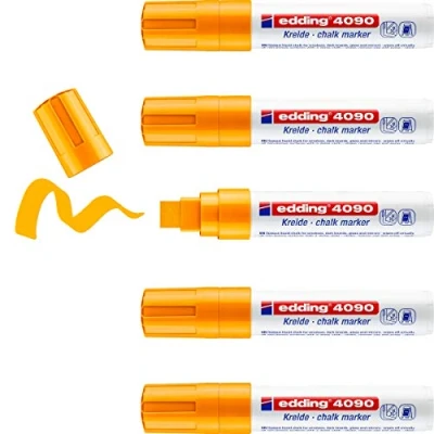 Abbildung von edding 4090 Kreidemarker neon orange 5 Kreidestifte Keilspitze 4 15 mm breiter Kreidestift für Tafel abwischbar zum Beschriften von Fenster, Glas, Spiegel Tafelstift mit deckenden Farben