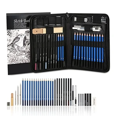 Abbildung von AGPTEK 41tlg Zeichenset Bleistifte Skizzierstifte Set mit 50 Blatt Zeichenblock, 5H 8B Künstlerset im Reißverschluss Etui, Zeichnung Zubehör für Künstler, Anfänger, Schüler