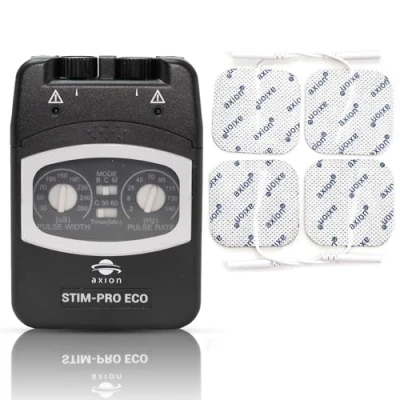 Abbildung von 2 Kanal TENS Gerät STIM PRO ECO kompaktes und leistungsstarkes manuelles zur Schmerztherapie mit 4 Stk 5x5cm Elektroden frei einstellbare Parameter axion