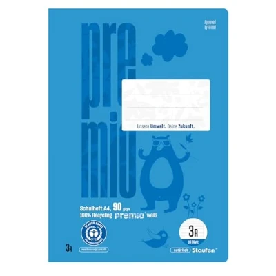 Abbildung von Staufen premio Schulheft 4 Hefte je 16 Blatt, DIN A4, Lineatur 3R (21 Doppellinien mit Rand), 90 g/m² Recyclingpapier, runde Ecken verhindern „Eselsohren“