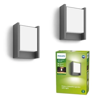 Abbildung von Philips Arbour LED Outdoor Wandleuchte (6 W), 1 flammig, wetterfeste Außenleuchte mit warmweißem Licht, anthrazit, Doppelpack
