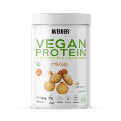 Abbildung von Weider Vegan Protein (750g) Cookies Geschmack. 23g Protein/Dosis, Erbsenisolat (Pisane) &amp; Reisproteine. Mit Vitamin B12 und Stevia. Glutenfrei, zuckerfrei. Verpackung 50% Recycelt, 100% Recycelbar