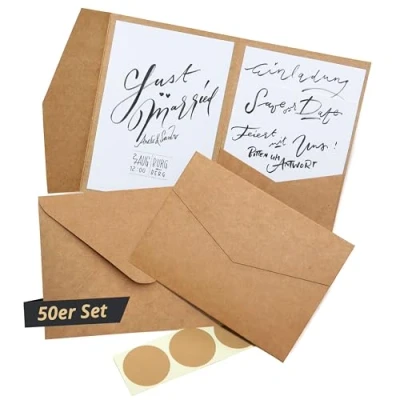 Abbildung von Japun 50 Pocketfold blanko Kraft Papier Karten inkl. Briefumschläge (DIN B6), Hochzeit, Einladung, gestalten, beschriften ...