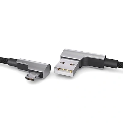 Abbildung von PAXO 1m Nylon Micro USB Kabel schwarz, 90 Grad Winkelstecker, auf Mikro Ladekabel, Datenkabel, 2.0