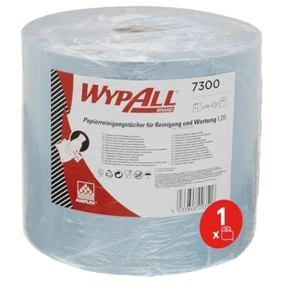 Abbildung von WypAll L20 Wischtücher 7300, blaue 2 lagige Reinigungstücher auf Jumborolle, ideal für Instandhaltungsarbeiten, 1 Rolle mit 500 Tüchern