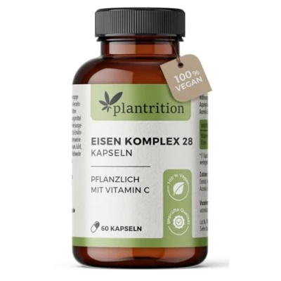 Abbildung von plantrition Eisen Komplex 28MG komplett natürliches bei Eisenmangel + Vitamin C aus Acerola und Hagebutten (50MG) Alternative zu Eisentabletten, leichter schlucken 60 Kapseln